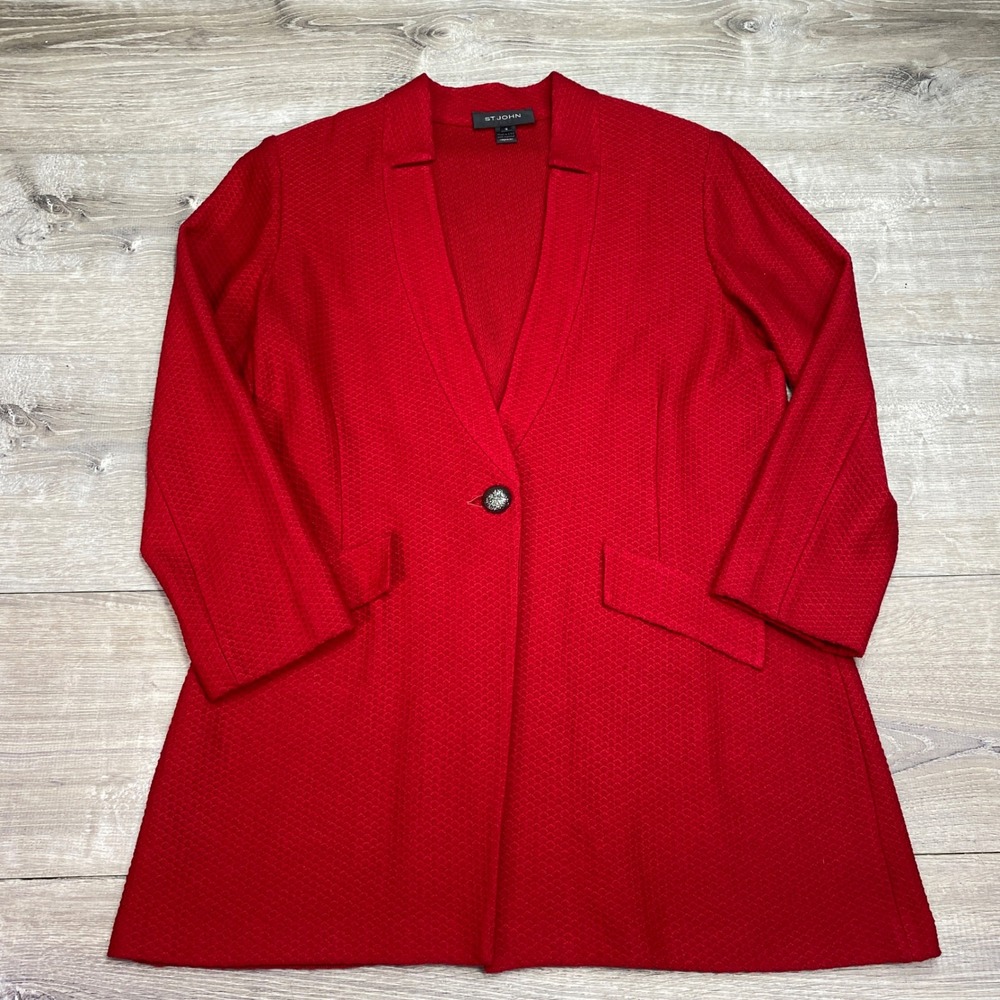 St. John Collection Red Single-Button Knit Blazer Size 12 Made In Usa